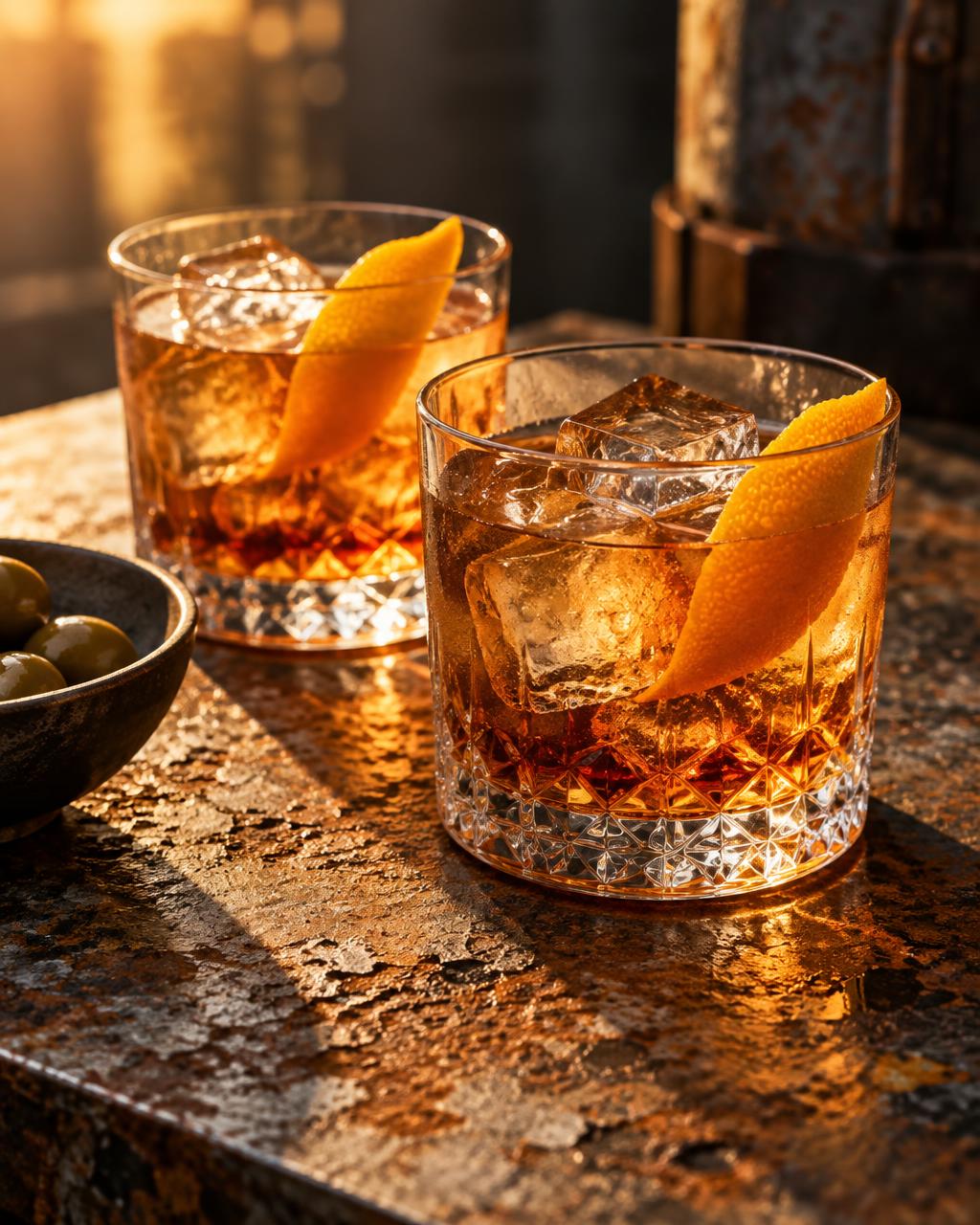 Zwei Drinks mit Eis und Orangenzeste auf rostigem Metall