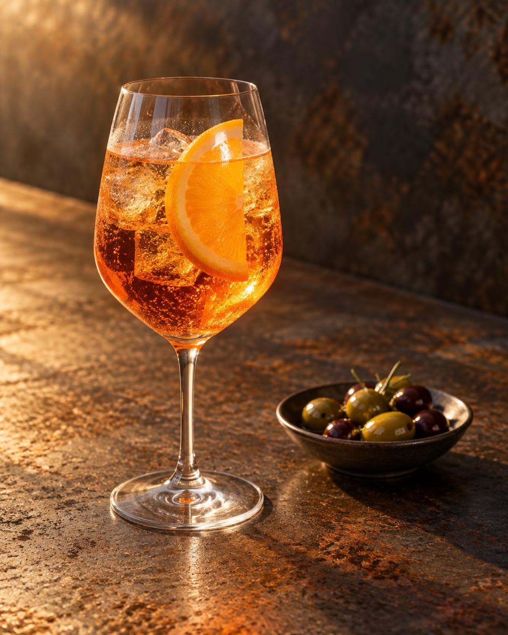 Spritz und Oliven im warmen Licht auf rostigem Stahl